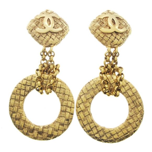 Chanel Dangle Hoop Earrings Clip-On Gold - Picture 1 of 5